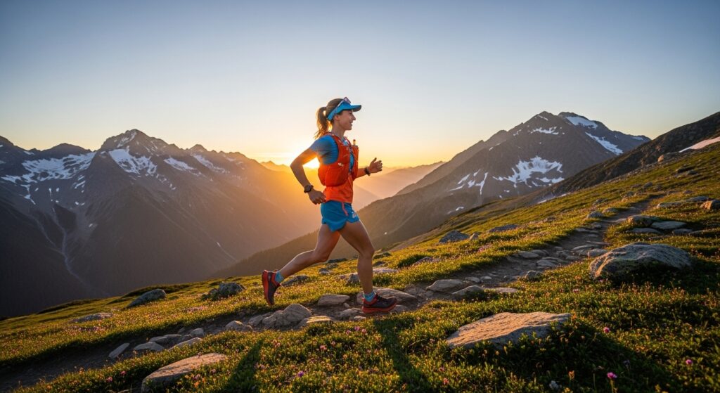 Coureur de trail heureux sur sentier de montagne au lever du soleil avec des chaussures de trail parfaitement adaptées