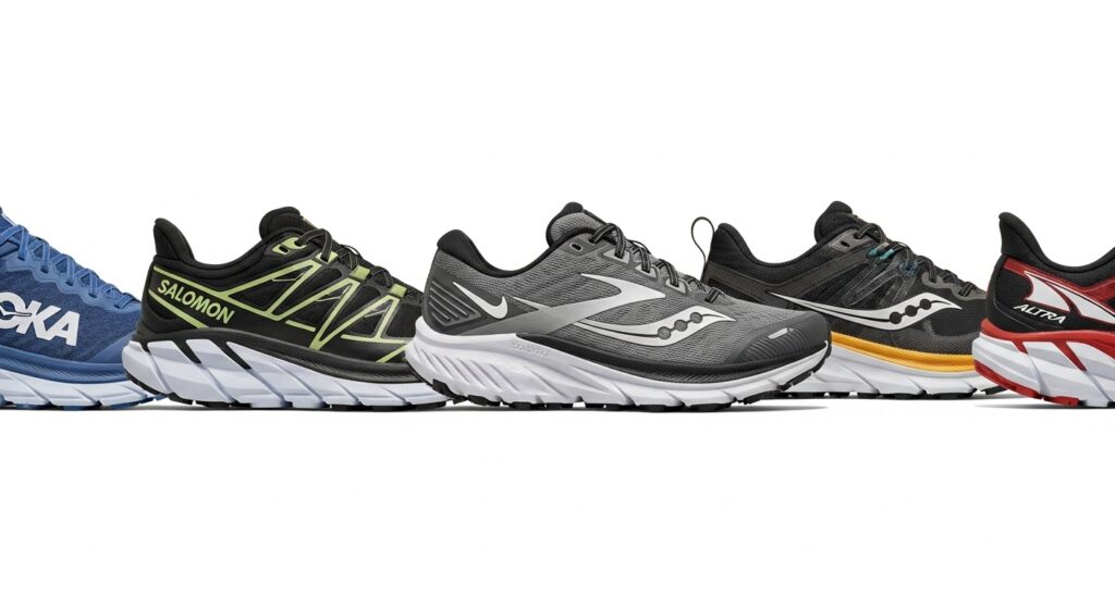 Collection de six chaussures mixtes trail route de grandes marques alignées sur fond neutre pour comparatif