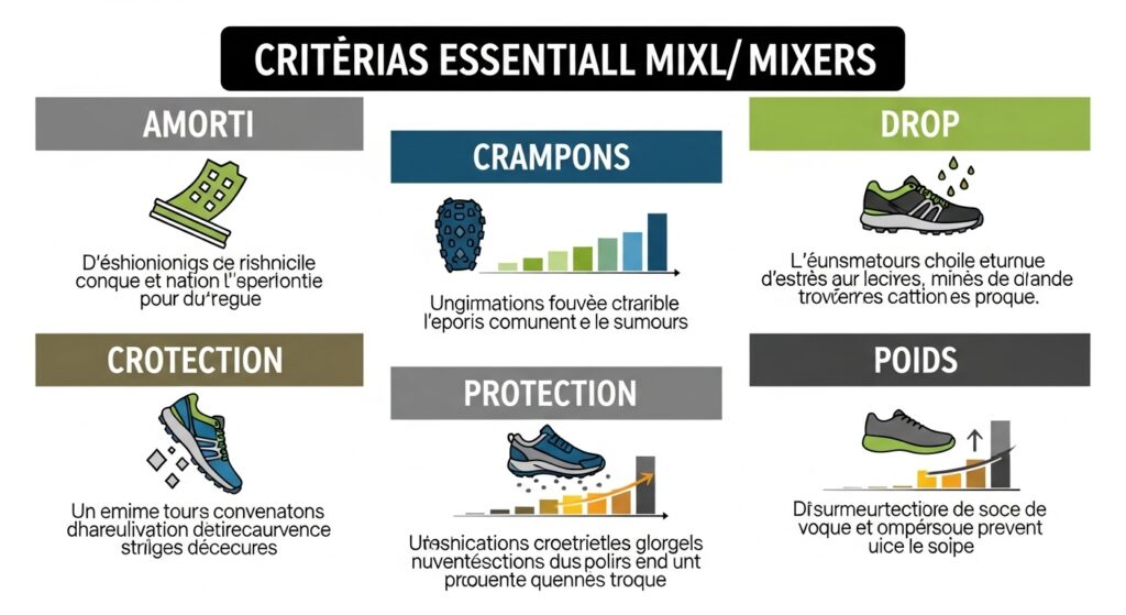 Infographie montrant les 5 critères essentiels pour choisir une chaussure mixte trail route  amorti, crampons, drop, protection et poids