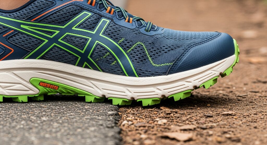 Gros plan sur une chaussure mixte trail route montrant la semelle avec crampons modérés et l'amorti pour asphalte et sentiers